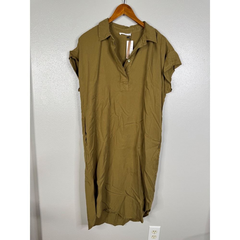 Parfois Olive Green 100% Lyocell Midi Shirt Dress Short Sleeve Pockets Size M